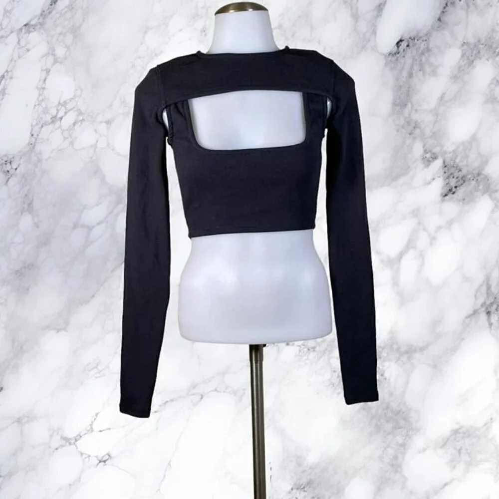 NBD Cropped Long Sleeve Top Tank Set - Black